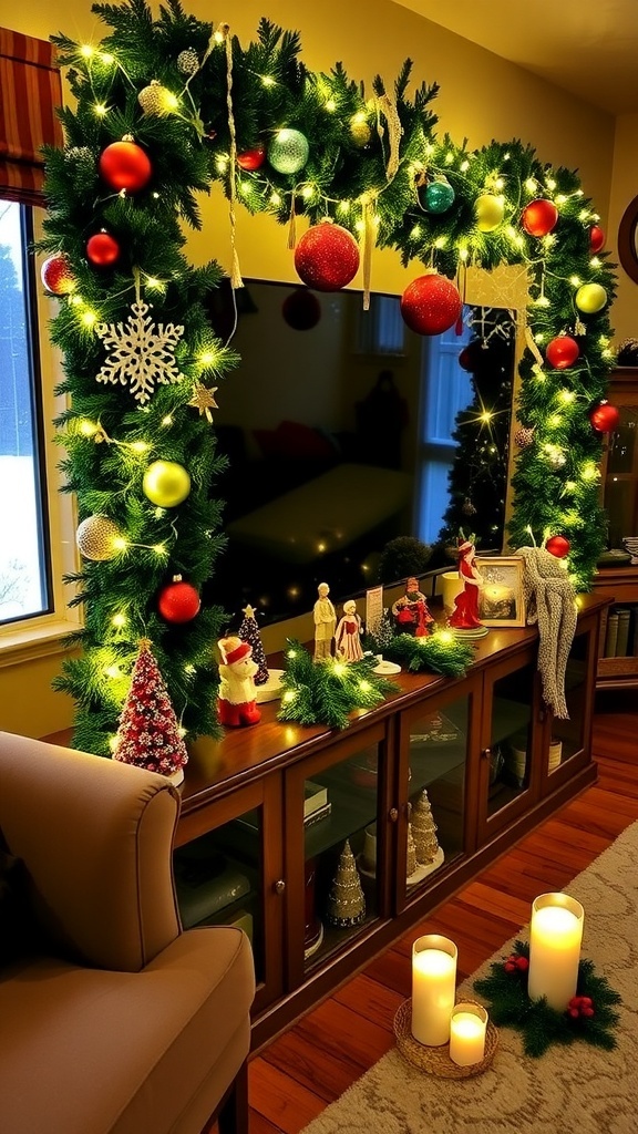 A festive TV stand decorated with garland, ornaments, lights, and candles for Christmas.